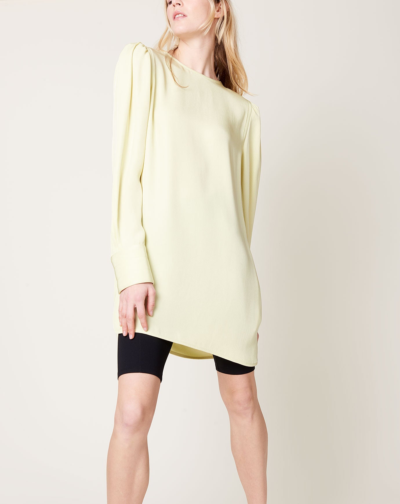 Maria McManus Gathered Shoulder Mini Dress in Lemon Ice