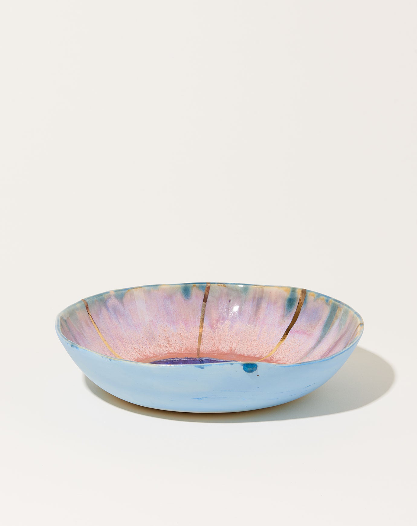 Minh Singer Large Iceland Bowl in Pink Aurora with Light Blue Exterior and Gold