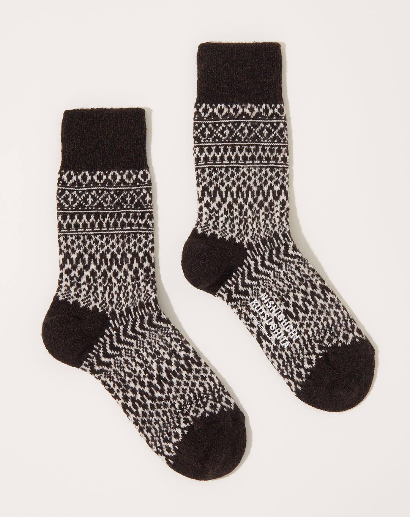 Nishiguchi Kutsushita Wool Jacquard Socks in Chocolate Milk