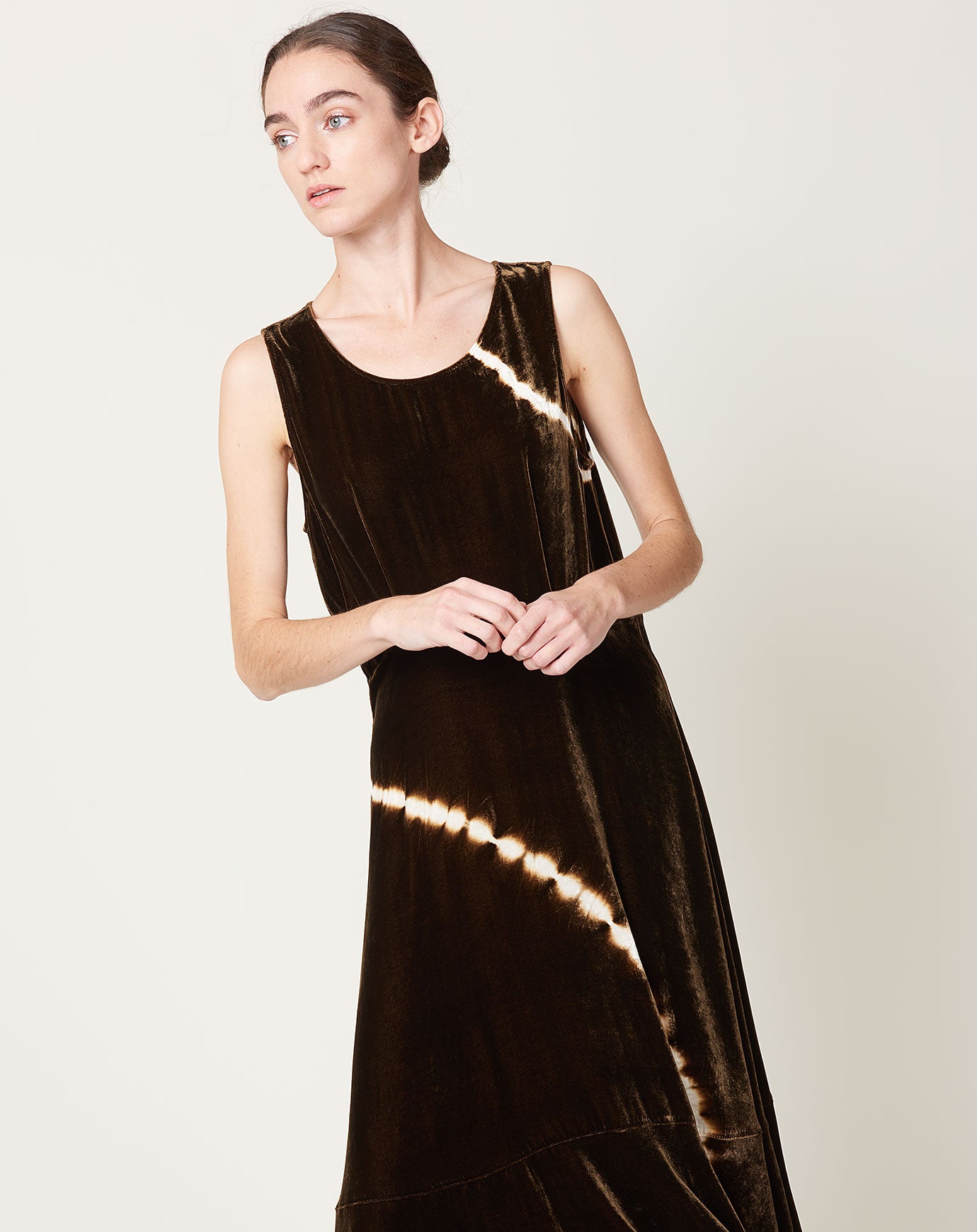 Raquel Allegra Frida Dress in Brown Velvet Tie Dye