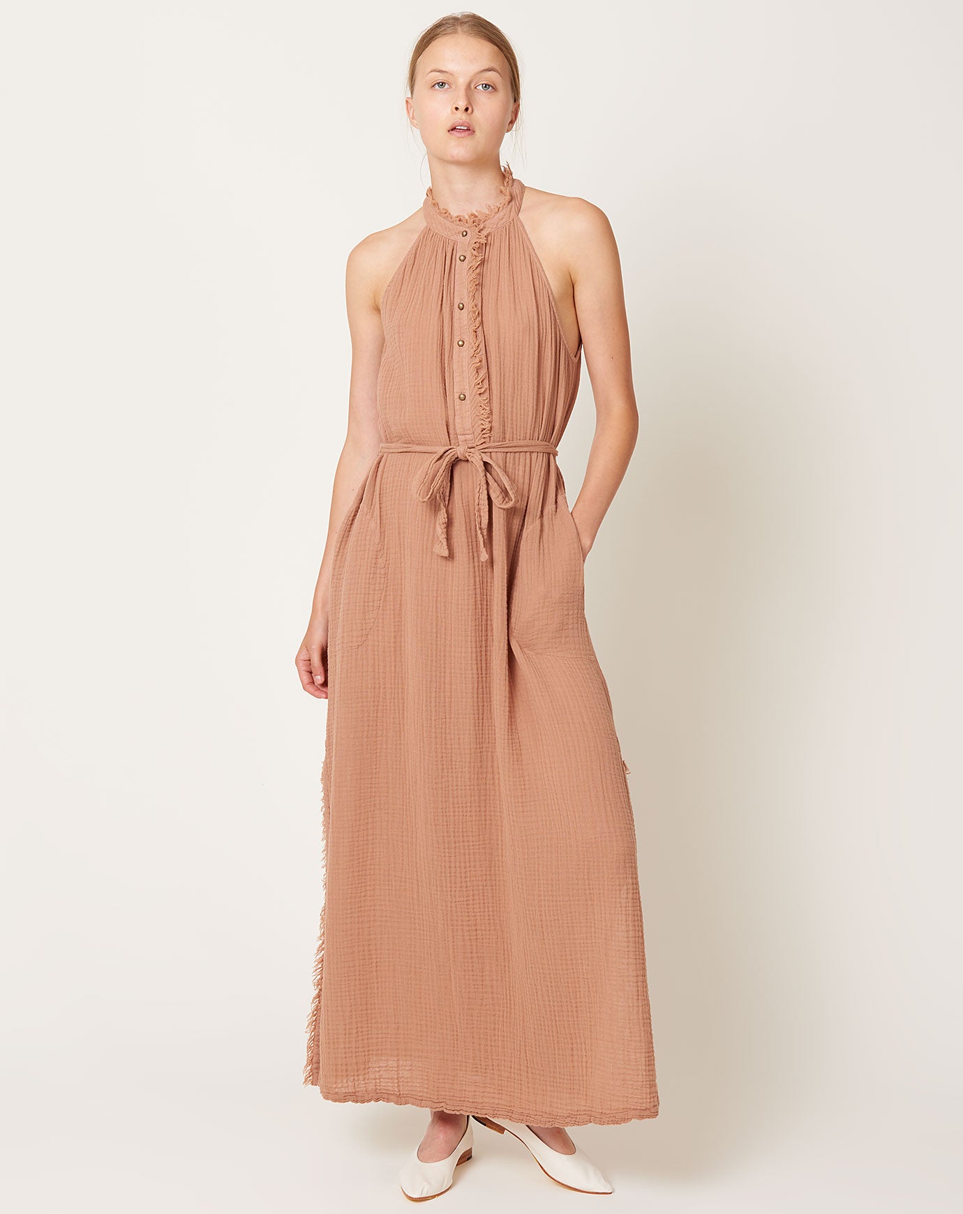 Raquel Allegra Halter Dress in Adobe