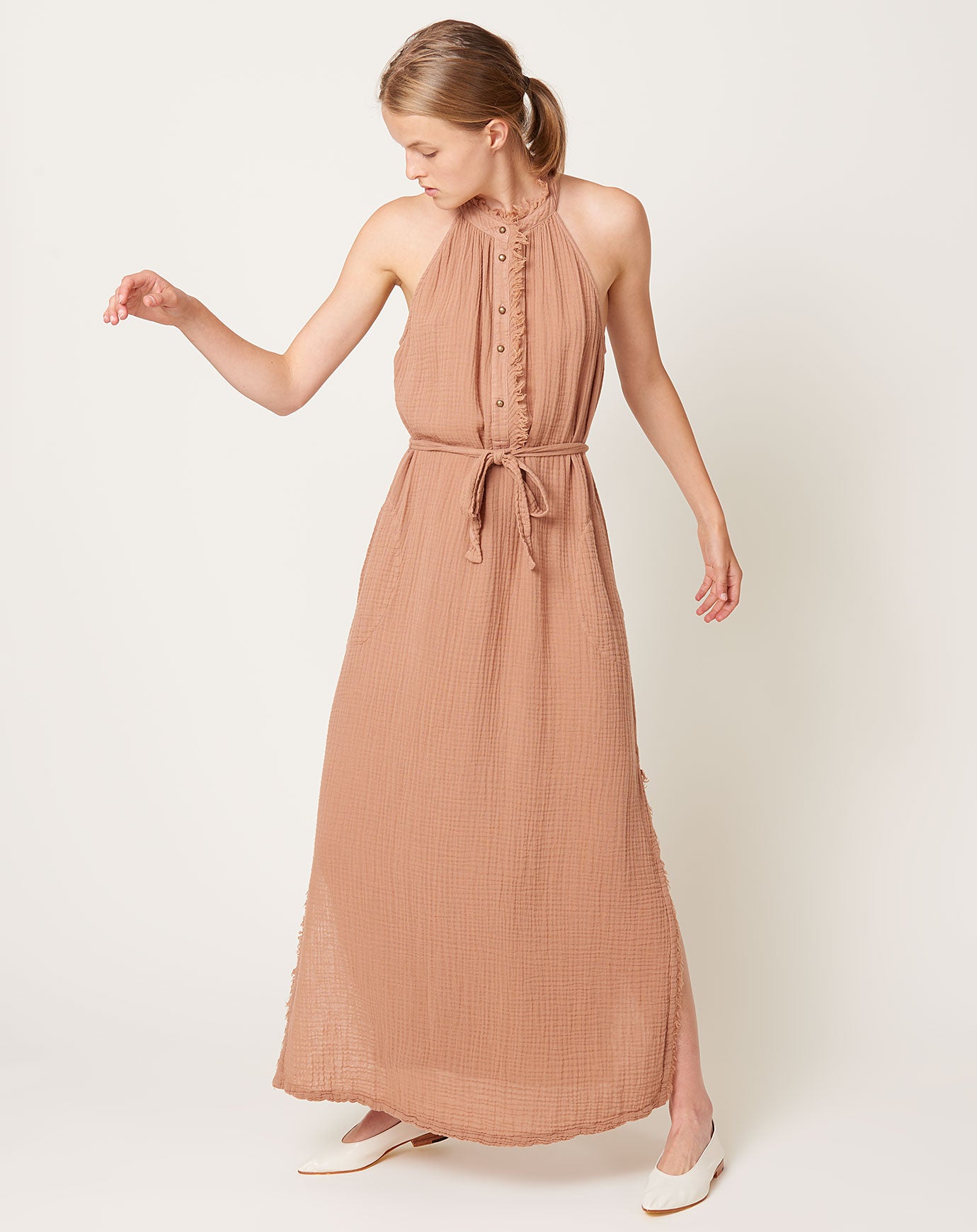 Raquel Allegra Halter Dress in Adobe