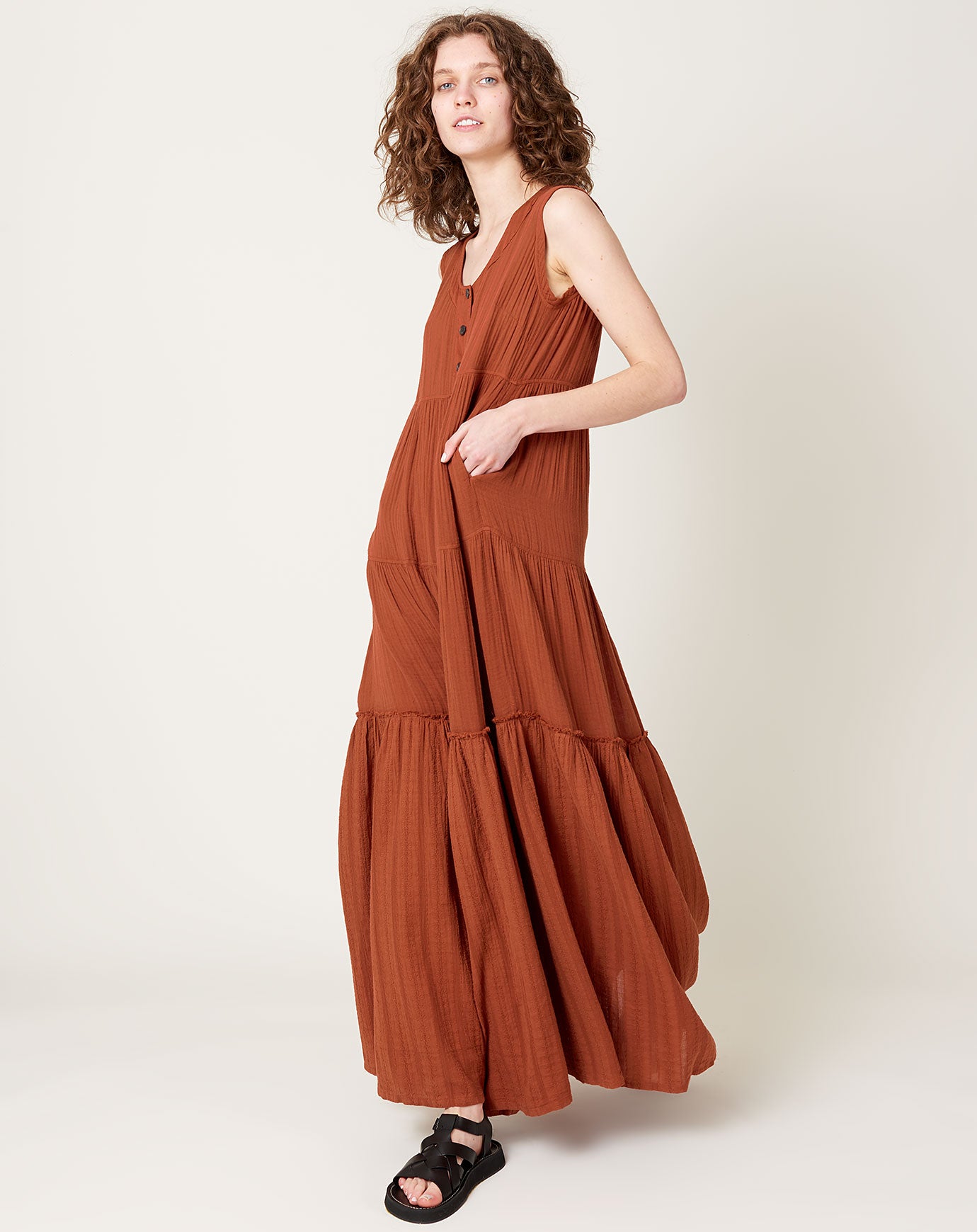 Raquel Allegra Roma Tiered Dress in Rust