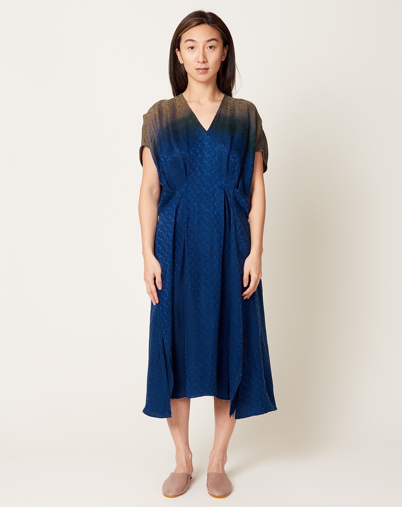 Raquel Allegra Voda Dress in Moss Indigo Silk Jacquard