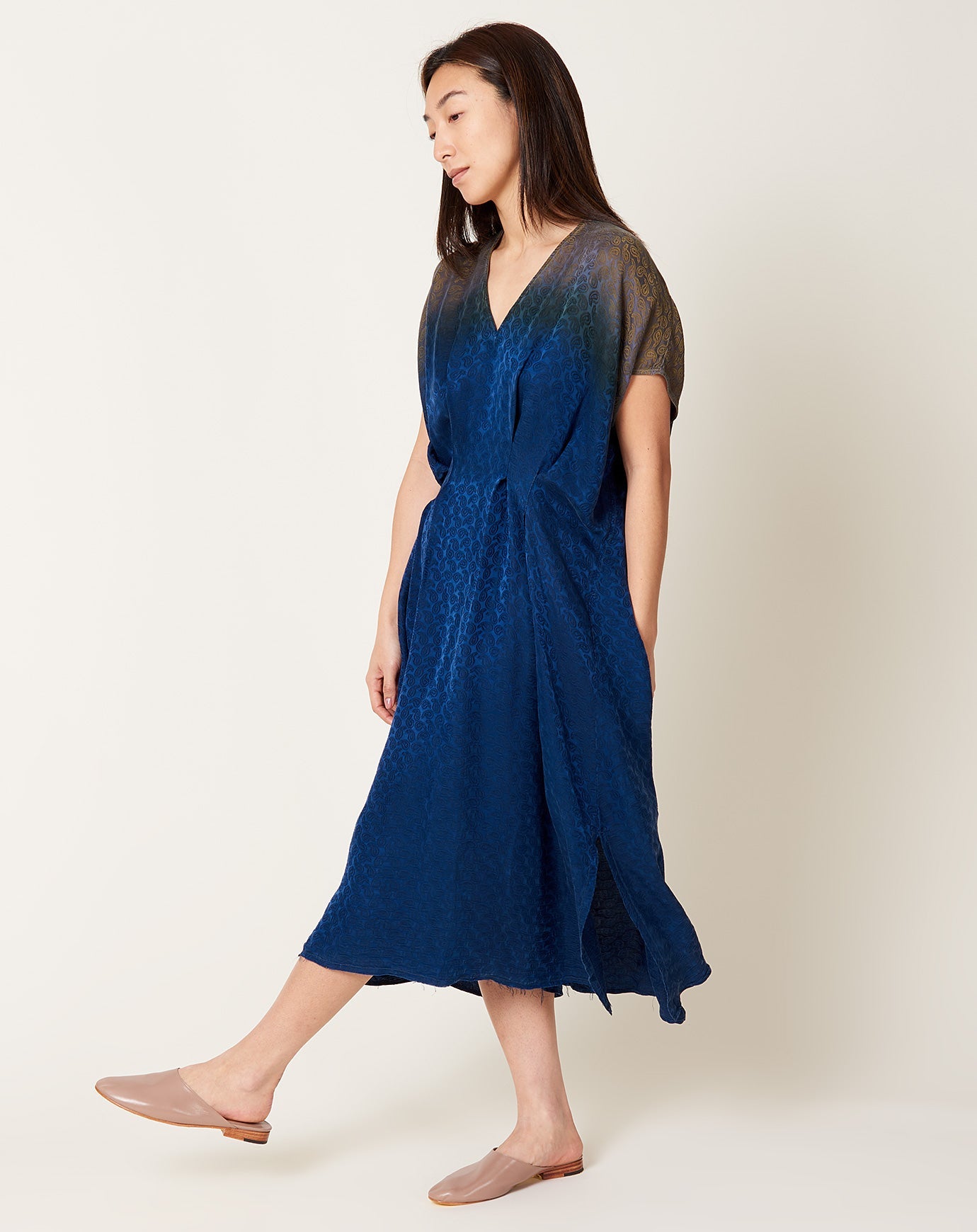 Raquel Allegra Voda Dress in Moss Indigo Silk Jacquard