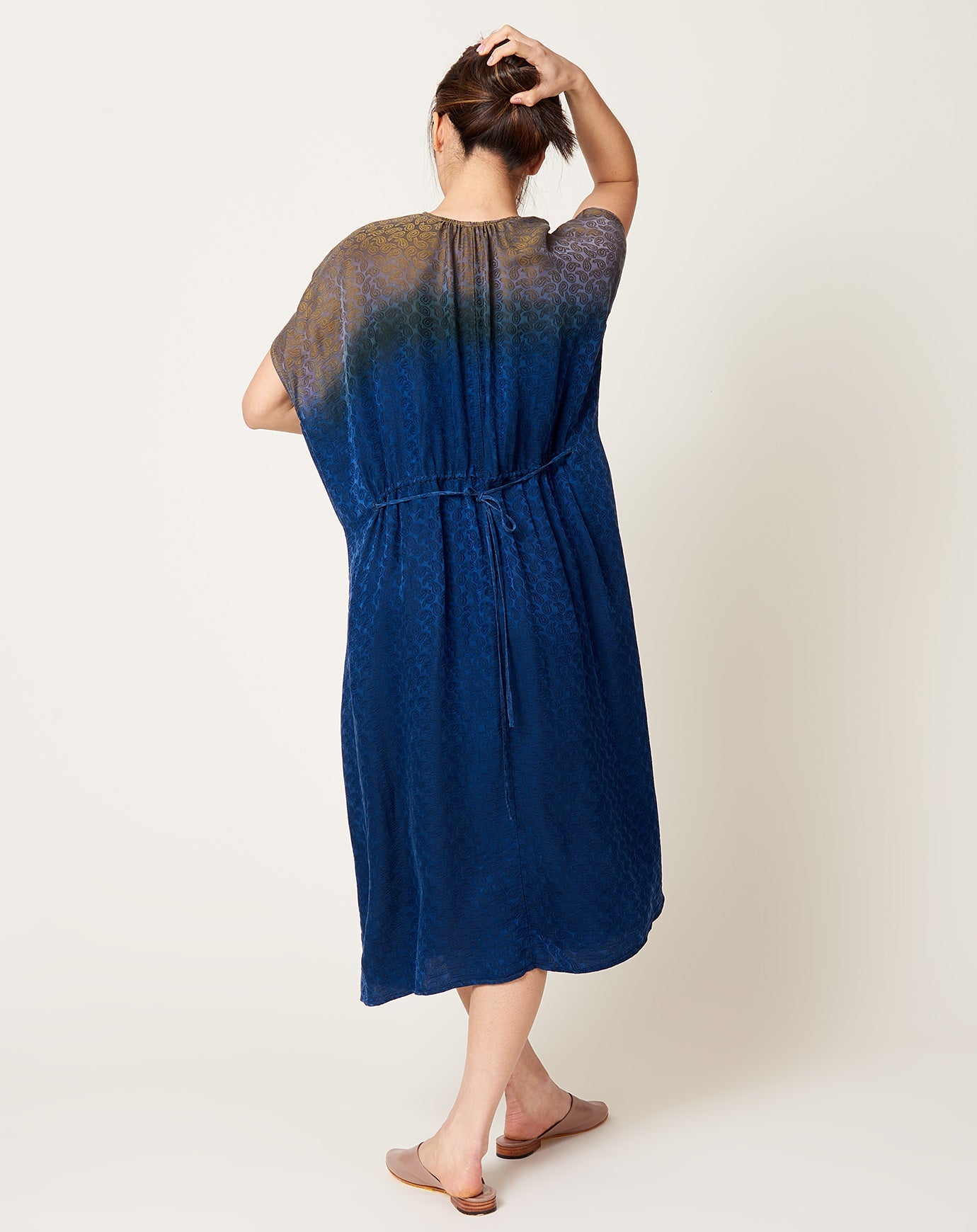 Raquel Allegra Voda Dress in Moss Indigo Silk Jacquard