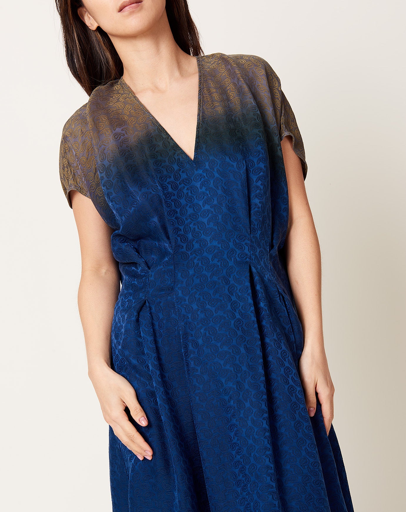 Raquel Allegra Voda Dress in Moss Indigo Silk Jacquard