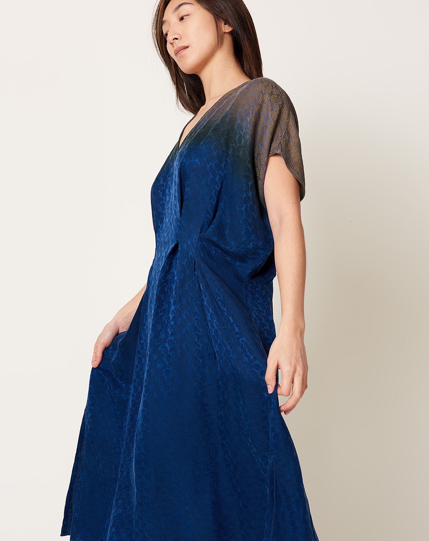 Raquel Allegra Voda Dress in Moss Indigo Silk Jacquard