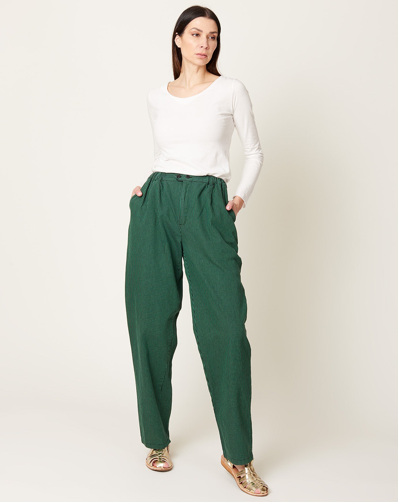 Sultan Wash Striped Butcher Baggy Pant in Faded Green