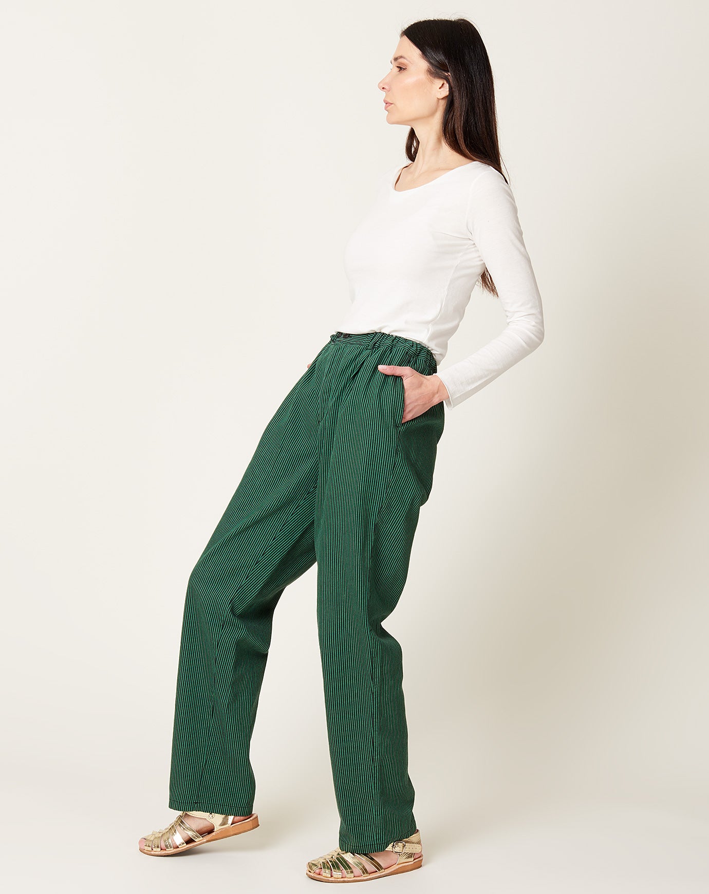 Sultan Wash Striped Butcher Baggy Pant in Faded Green